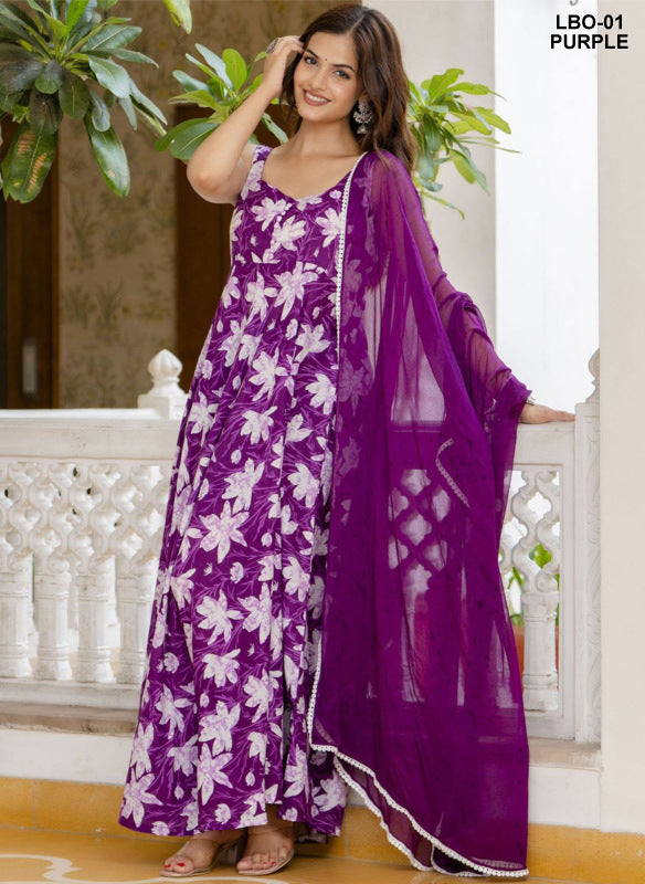 (XS to 10XL) Floral Fantasy Georgette Gown with Digital Charm & Dupatta (4 Shades)