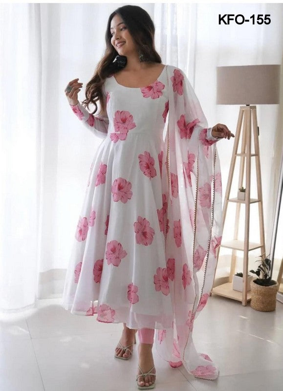 Women's Georgette White Flower Digital Printed Fabulous Extra Ordinary Trendy Beautiful Gown With Dupatta XS TO 10XL