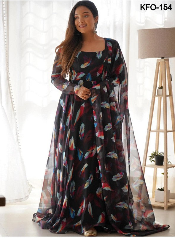 Women's Georgette Black Flower Digital Printed Fabulous Extra Ordinary Trendy Beautiful Gown With Dupatta XS TO 10XL