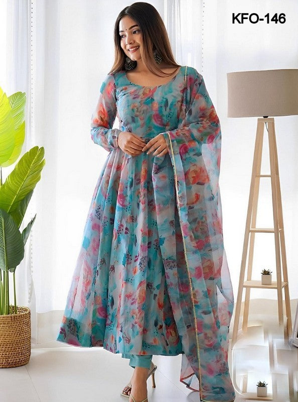 Women's Georgette Sky-blue Flower Digital Printed Fabulous Extra Ordinary Trendy Beautiful Gown With Dupatta XS TO 10XL