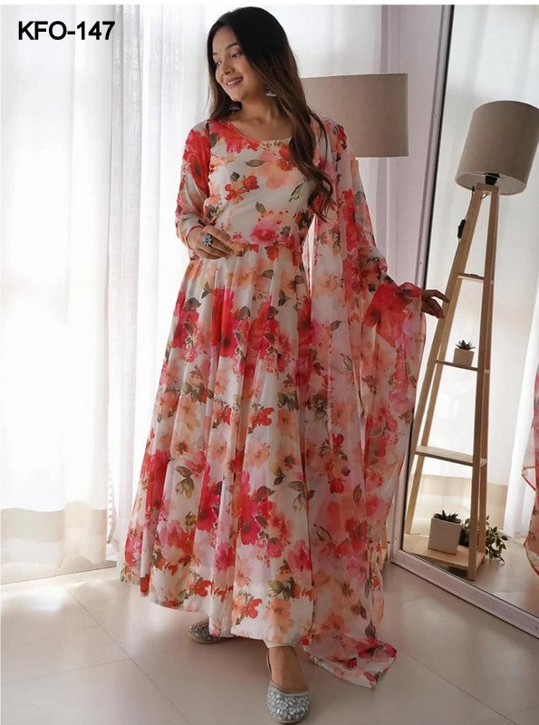 Women's Georgette Red Cherry Flower Digital Printed Fabulous Extra Ordinary Trendy Beautiful Gown With Dupatta XS TO 10XL