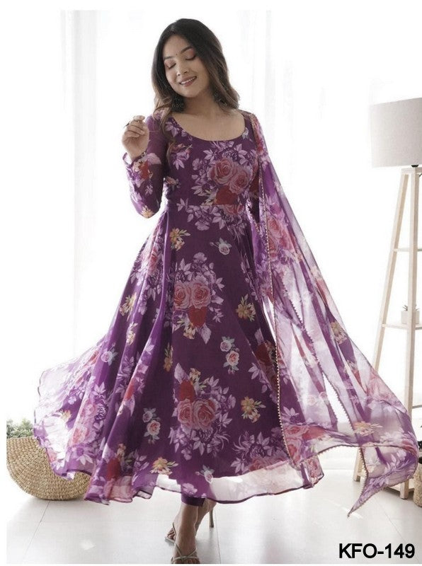 Women's Georgette Purple Flower Digital Printed Fabulous Extra Ordinary Trendy Beautiful Gown With Dupatta XS TO 10XL