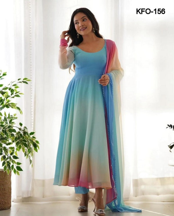 Women's Georgette Rainbow Shade Digital Printed Fabulous Extra Ordinary Trendy Beautiful Gown With Dupatta XS TO 10XL