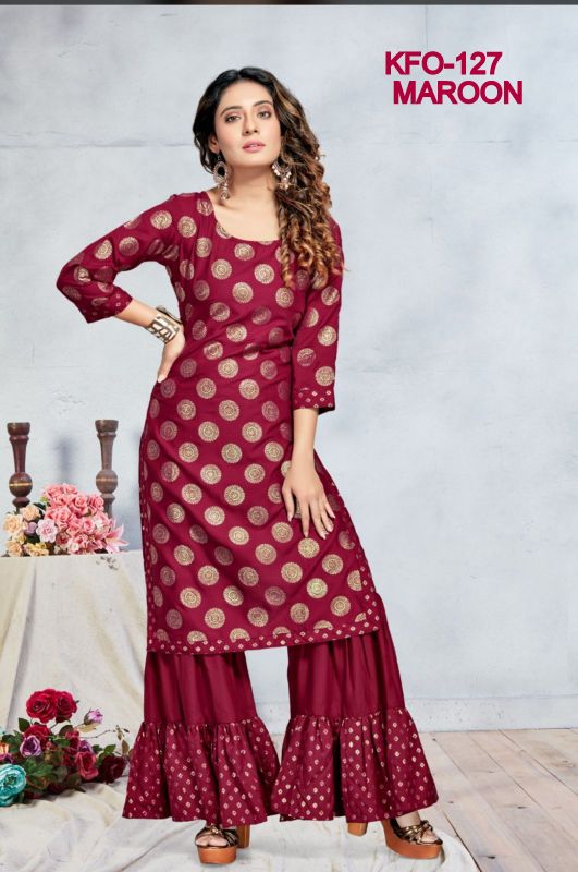 Gleaming Grace Foil Print Kurti and Sharara Palazzo Set XS TO 10XL