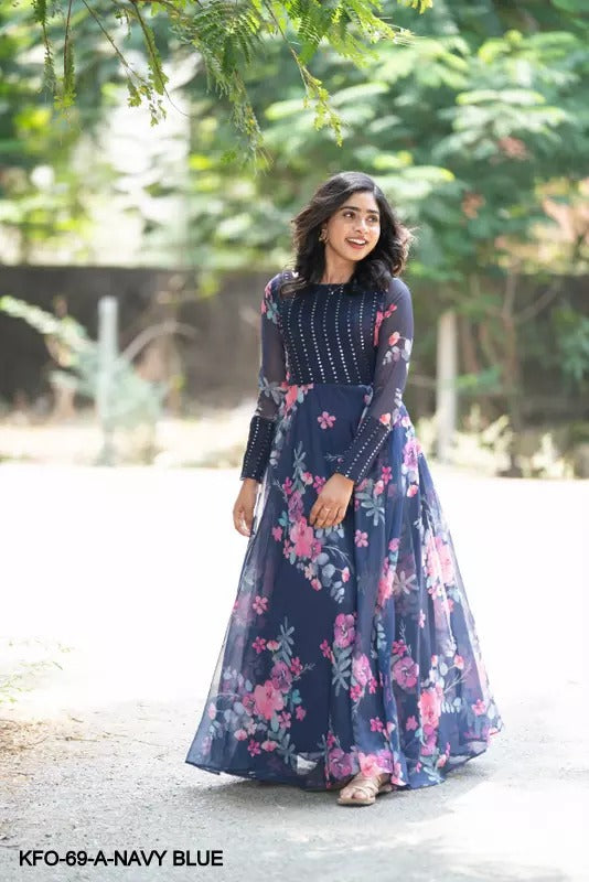 Embroidered Beauty Sophisticated Floral Print Kurti Gown XS TO 10XL